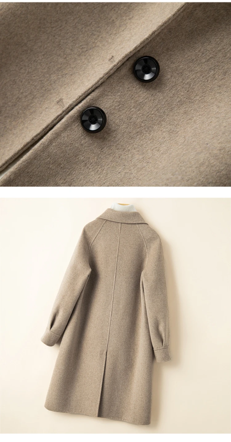 Wende-Kaschmirmantel für Damen, klein, mittellang, hochwertige doppelseitige Baumwolle, Puppenkragen, lockere Version, 100 % Wollmantel – Detail 13
