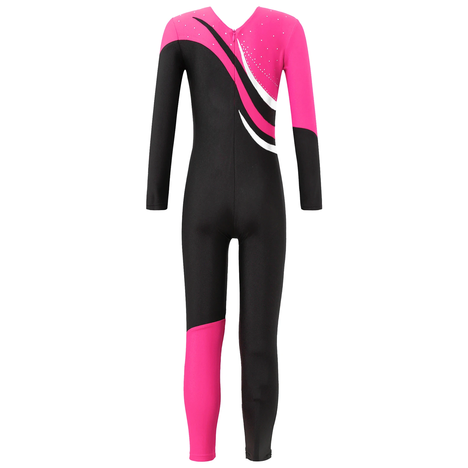 Children Gymnastics Jumpsuits Kids Girls Long Sleeve Shiny Rhinestone Contrast Color Ballet Dance Leotards Skating Jumpsuit children dance leotards