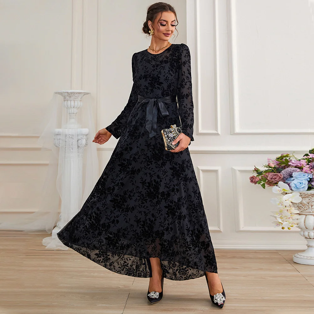 

European and American Women's 2023 Autumn/winter New Round Neck Long Sleeve High Waist Printed Mesh Dress