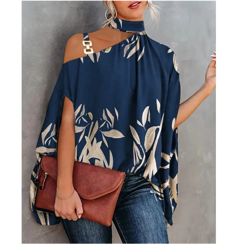 

Women Vintage Pattern Printed Pullover Blouse Elegant Fashion Batwing Sleeve Party Shirts Office Casual Stand Collar Loose Blusa