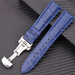 Luxury Calfskin Leather Watchband with Butterfly Clasp - Elegant Business - Class Strap in Multiple Colors - 22mm (Blue)