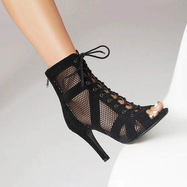 New Women Latin Dance Shoes Black High Heels Salsa Dance Shoes Sandals Mesh Tango Boots Woman Thin Heels Party Ballroom Boots 1