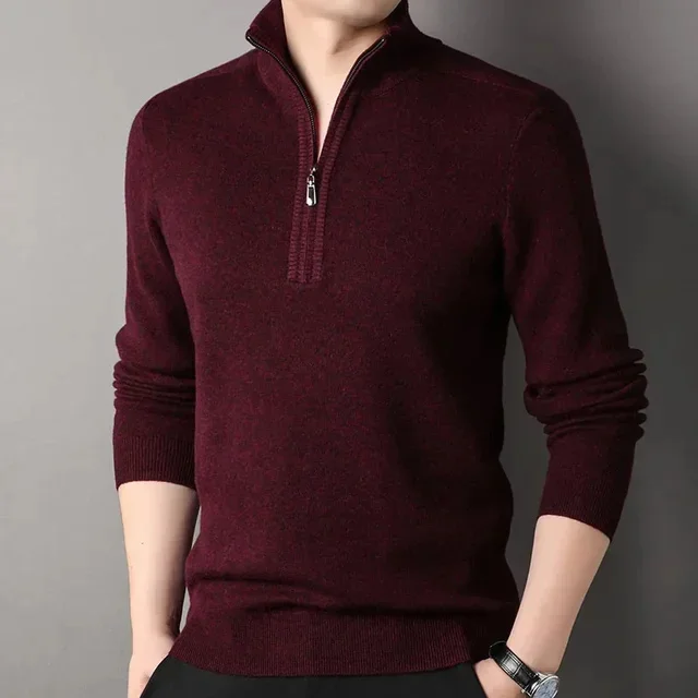 thumbnail image 1 of Suéter de lana de invierno para hombre, nueva camisa de punto con cremallera gruesa de lana pura, jersey para hombre de mediana edad, cuello alto medio, 1 of 5
