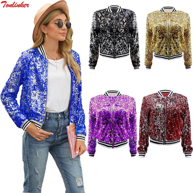 Women Sequin Jacket Casual Loose Coat Elegant Shiny Open Front Zipper Black Red Baseball Jacket Outwear Tops 2023 Spring New sequin design men jacket sequined stand collar men s baseball uniform style jacket for club stage streetwear for night for men