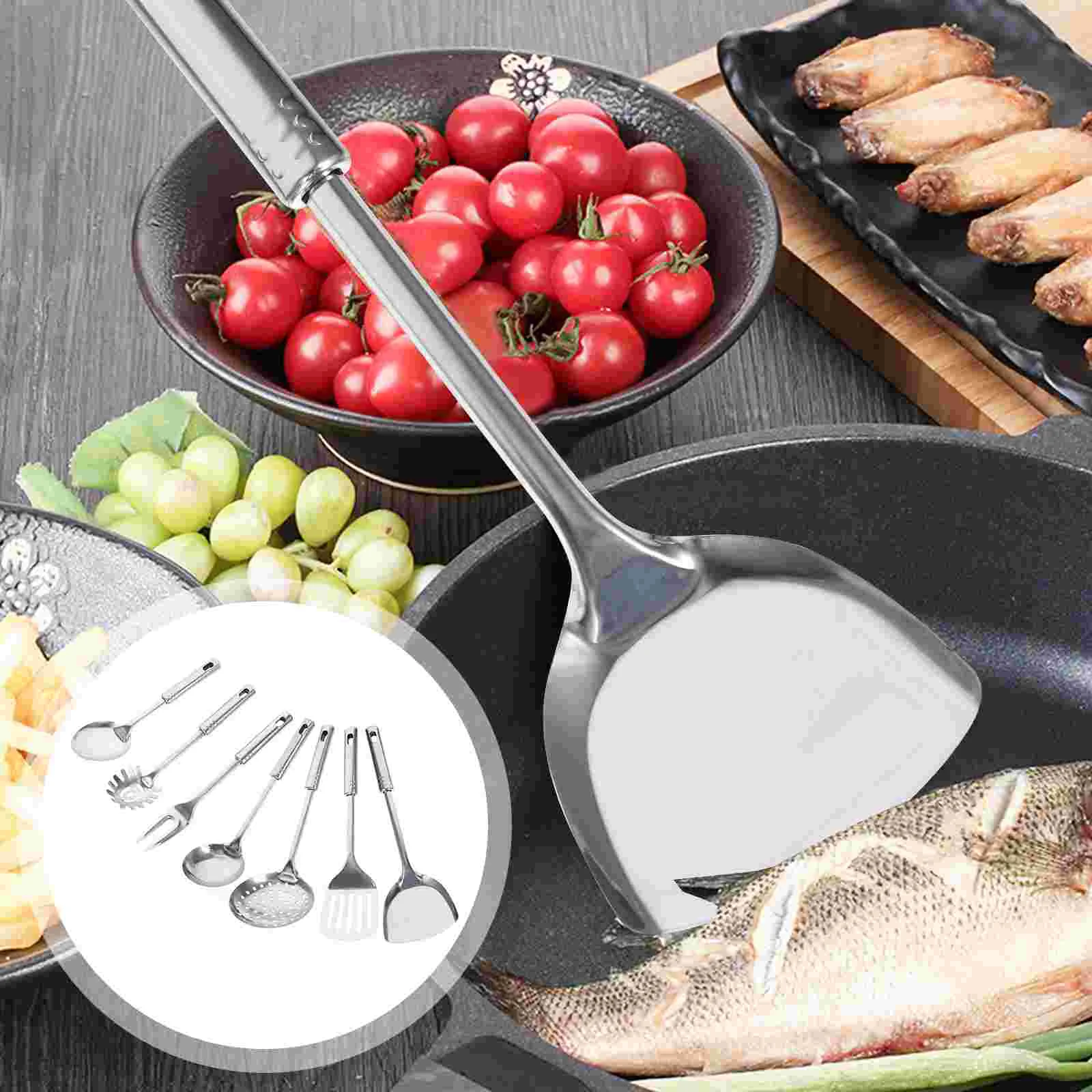 

7 Pcs Soup Spoons Kitchen Utensils Meat Fork Ladle Tool Stainless Steel Cooking Tools