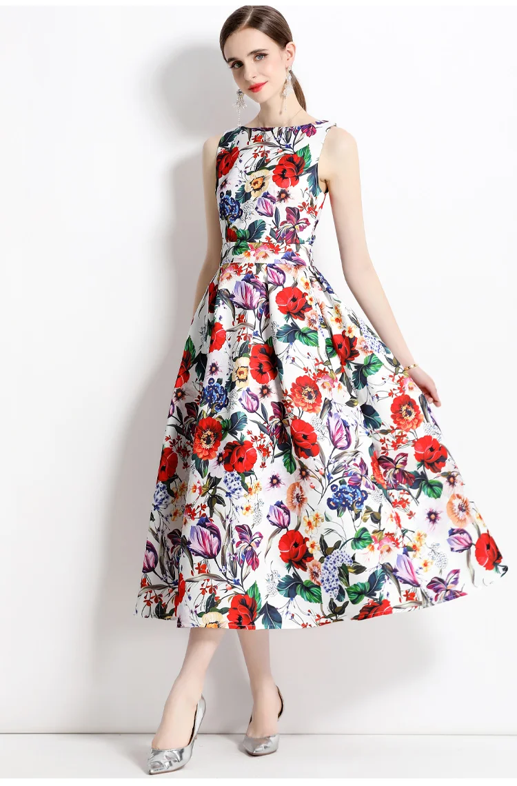 

Summer Women's Dress 2023 New Sleeveless High Waist Stereo Cut Waist Collection A-Line Print Dress Free Shipping