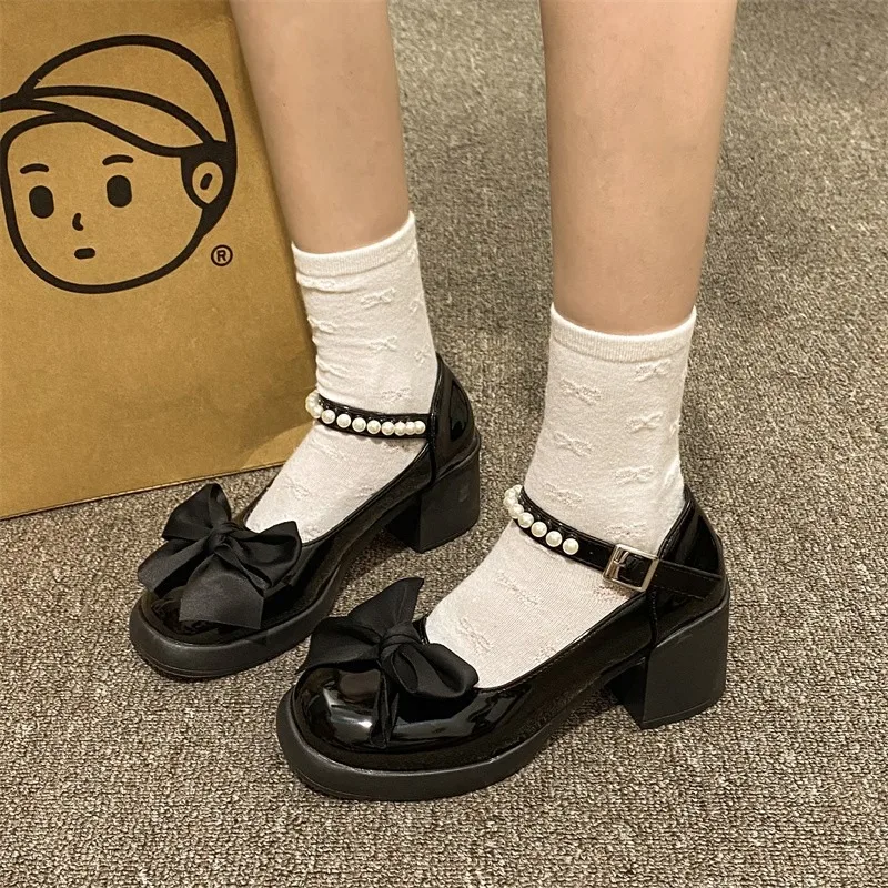 2023 Shoes Female Mary Jane Women's High Heels Buckle Strap Casual Pumps  Women Pearl Bow Tie Round Toe Chunky Heel Shoes Ladies