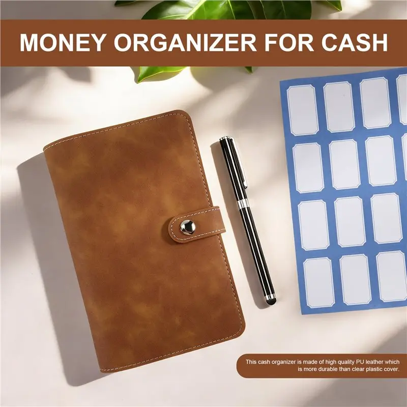 브라운 예산 바인더, 현금 상품권용 PU 가죽 지갑, 12개의 지퍼 봉투가 있는 플래너 노트 커버
