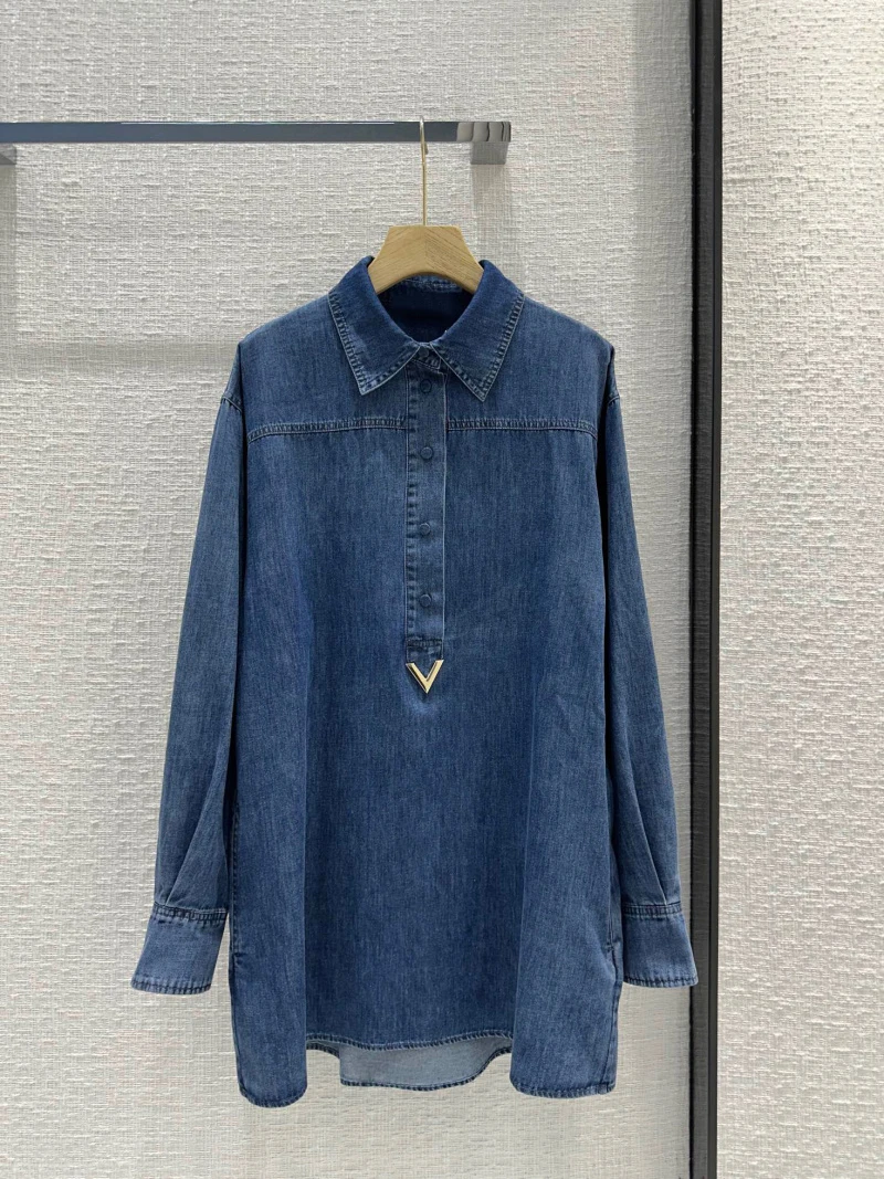 

High Street Women's Shirt Fashionable, Fashionable, Loose, Casual, Lazy Style, Shoulder Drop Long Sleeve Denim Shirt, Long Style