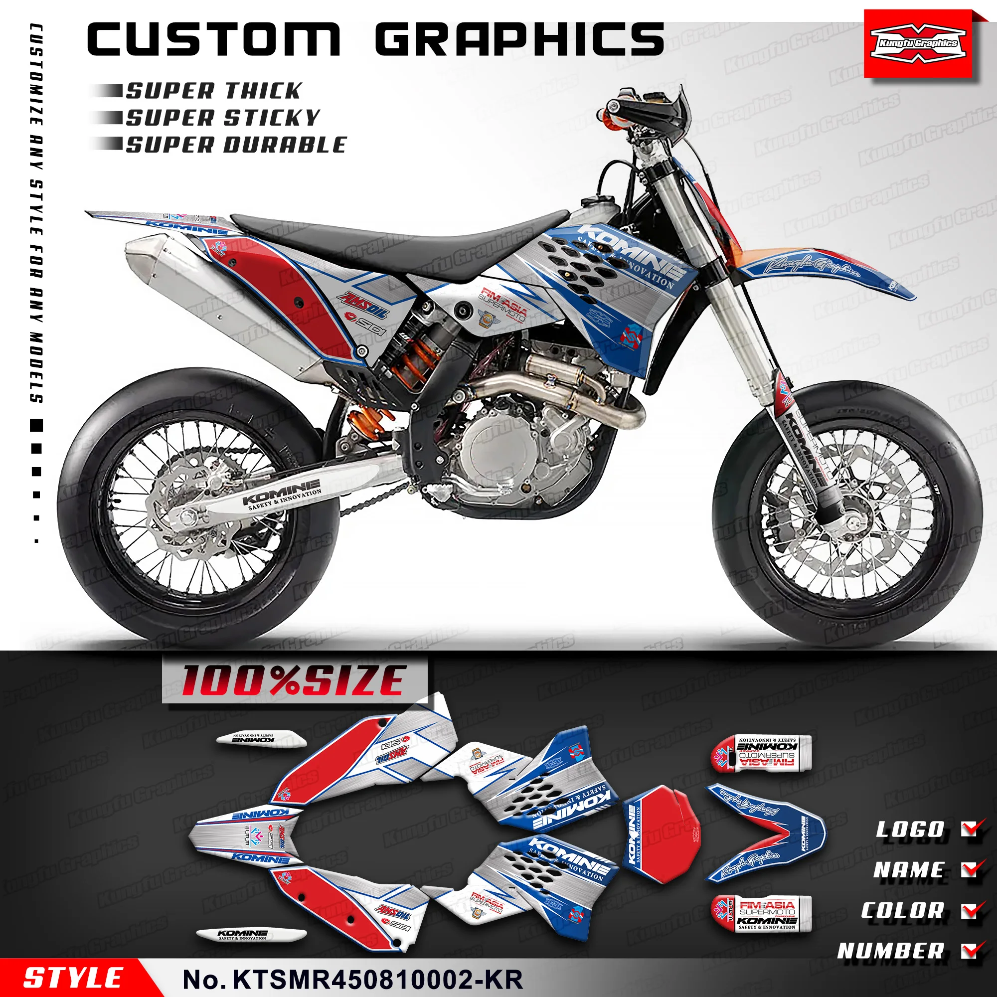 

KUNGFU GRAPHICS Racing Stickers Vinyl Decals Kit for KTM SMR 450 SMR450 2008 2009 2010, Blue Red, Style No.KTSMR450810002-KR