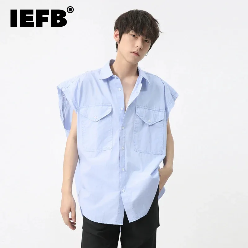 

IEFB Men's Shirt 2024 Summer New Fashion Single Breasted Big Pocket Literary Sense Design Sleeveless Trendy Lapel Male Top C5829