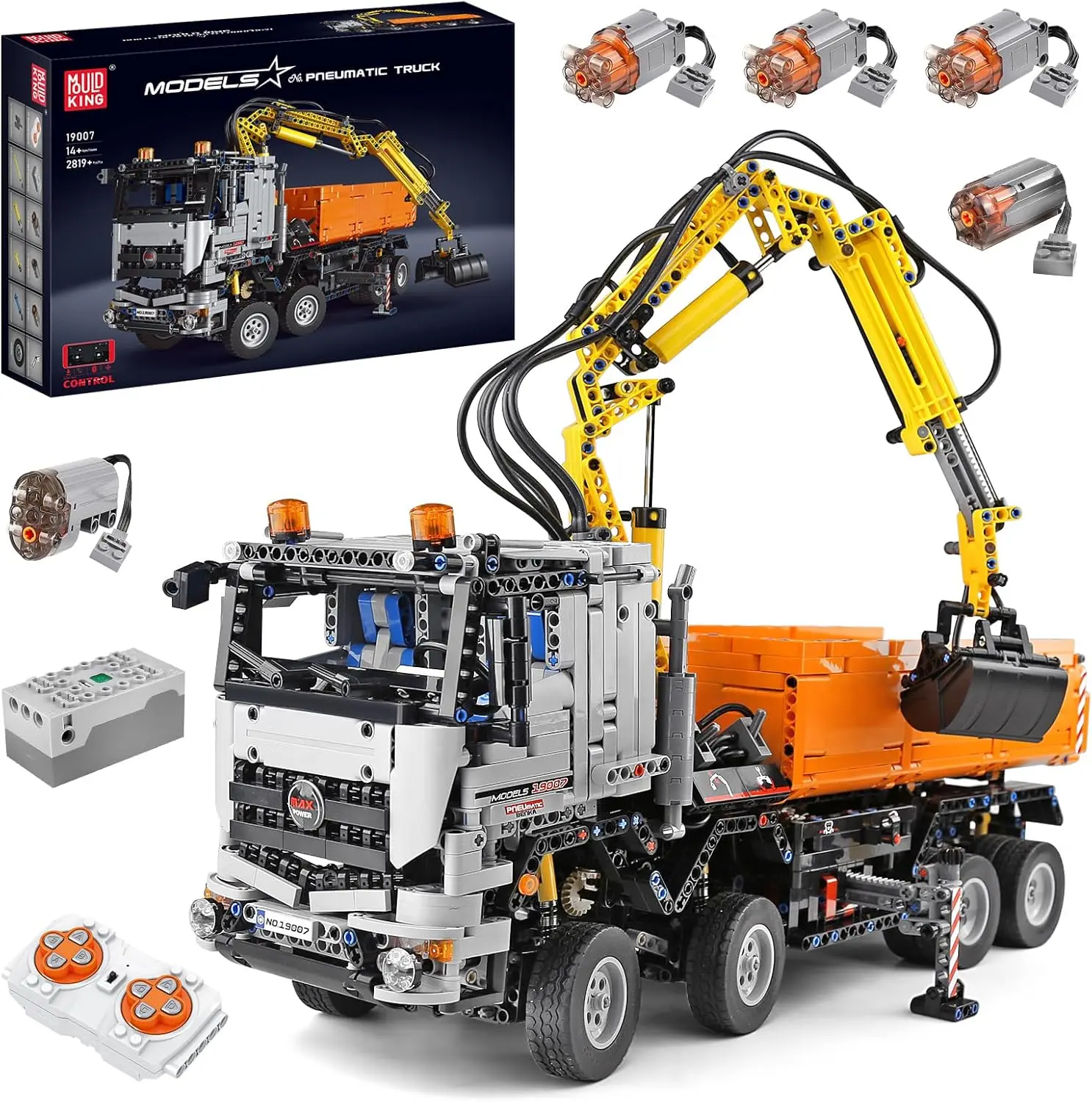 MOULD KING 19007 Technical 2-in-1 Remote Controlled Excavator & Dump Truck Pneumatic Building Blocks Toy Set Birthday Gift