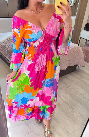Summer New Women\'s Floral Fashion Long Sleeve Chic Long Dress Elastic Waist Slim Dress Feminine Elegant Midi Dress