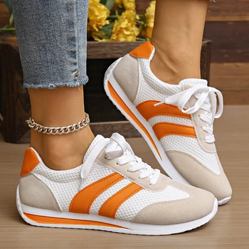 Women's Lightweight Fashion Sneakers Comfort Non Slip Casual Sports Shoes Woman Orange Striped Mesh Breathable Platform Sneakers 1