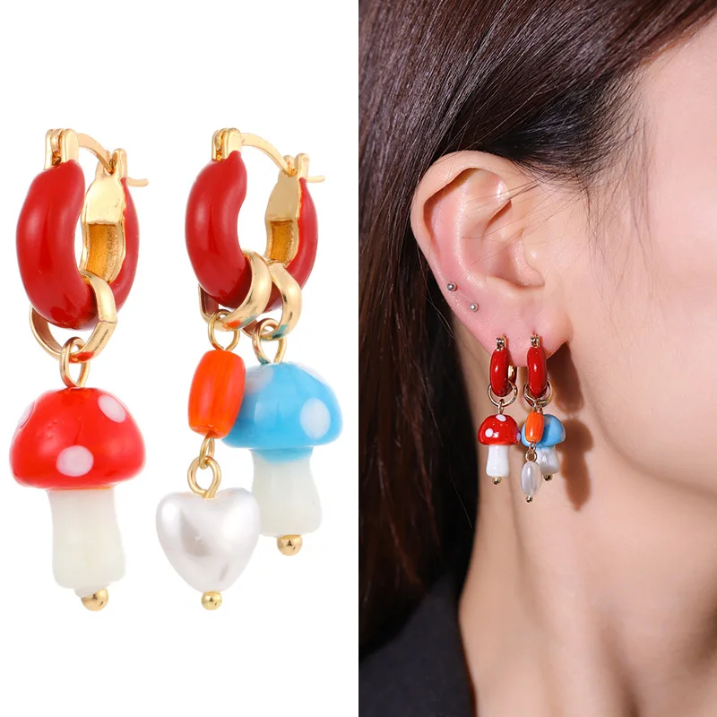 

Simulation Mushroom Long Pendant Earring Women Colorful Enamel Irregular Hoop Earrings Fashion Jewelry Accessories Gift Party