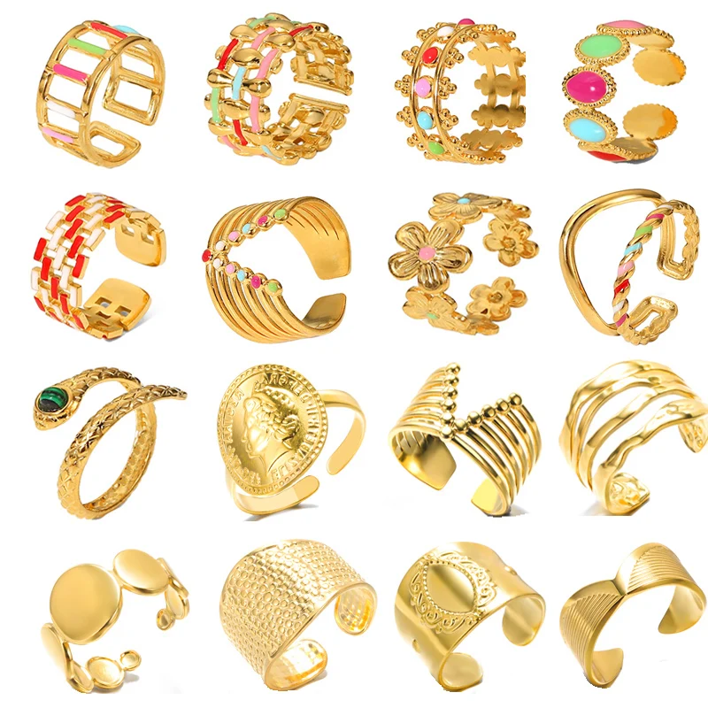17883-f24b33.jpg Stainless Steel Colorful Enamel Oil Drip Heart Rings For Women Gold Color Flower Round Snake Butterfly Rings Free Shipping Items - Image 1