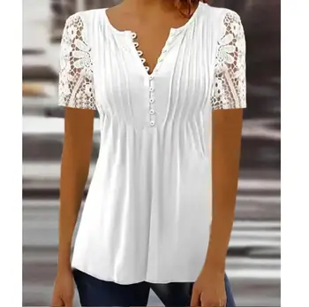 Summer Spring New Women's Loose and Comfortable Casual Lace V Neck Printed Blouse Floral Short Sleeve Elegant Fashion Shirt 1