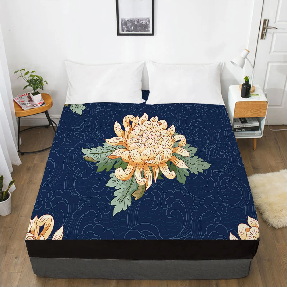

Оригинальная простыня с резинкой, 1 шт., чехол для матраса, размер 160x200, покрывало для кровати на заказ, голубое Хризантема