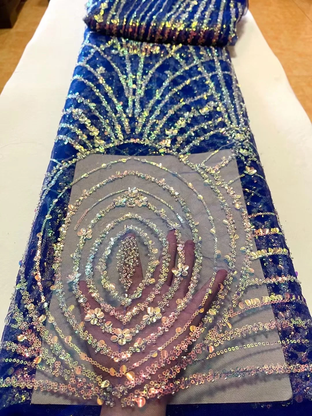 

Royal Blue African Sequins Lace Fabric 2023 High Quality French Sequence And Pearl Tulle Fabric For Bridal Wedding Party Dresses