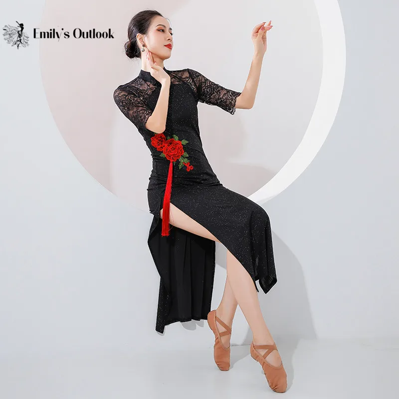 

Elegant Dresses for Women Black Red Cheongsam Hanfu Lace Slim Qipao Classical Dance Costume Guzheng Performance Stage Show New