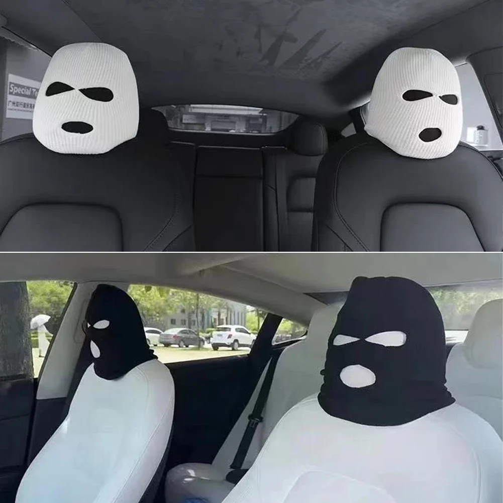 Funny Spoof Car Seat Headgear Headrest Cover 3 Hole Knitted Face Mask Seat Cover Car Creative Decorations Accessories 1PC