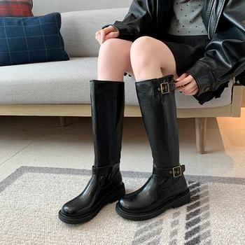 Womens Black Leather Square Toe Knee High Boots With Buckle Straps Chunky Platform Sole Fashion Riding Biker Booties For Winter 1