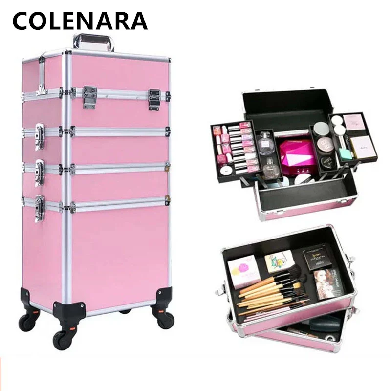 COLENARA Professional Cosmetic Case Beauty Nail Tool Box Large Capacity Aluminum Frame Trolley Case Removable Makeup Case