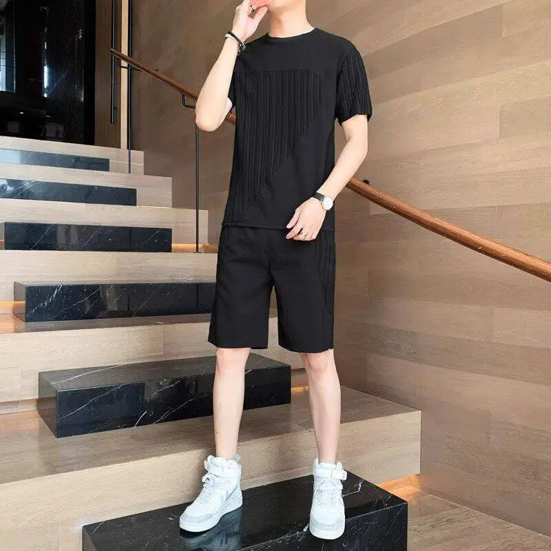 아이스 실크 퀵 드라이 스포츠 세트 남성 여름 반팔 티셔츠 반바지 슬림핏 투피스 세트 한국 패션 트렌디