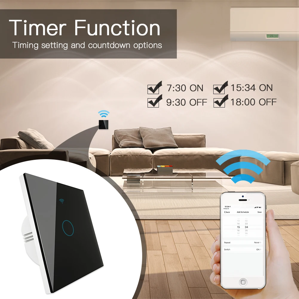 WiFi RF433 송신기 벽 패널 스마트 유리 패널 터치 스위치 1/2/3 갱 원격 제어 스위치는 Alexa, Google 홈과 함께 작동합니다.