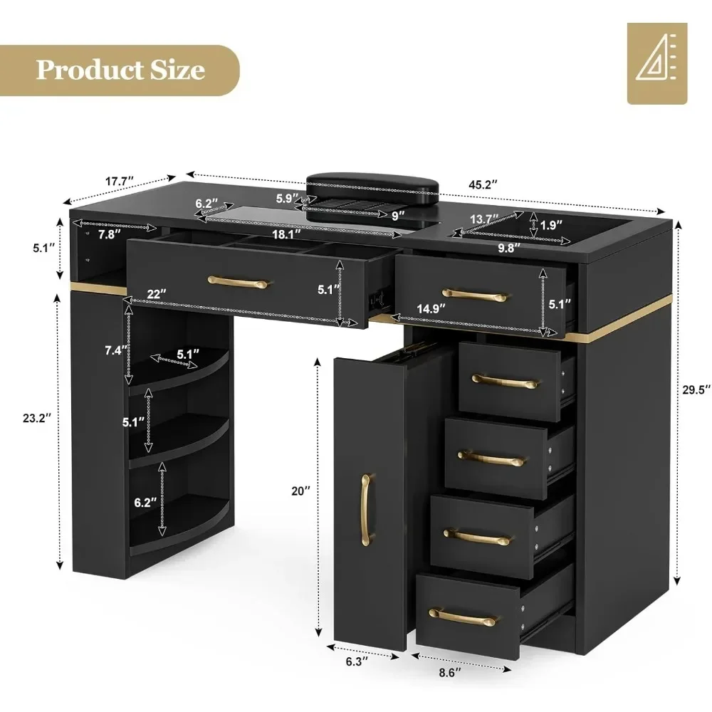 Manicure Table Nail Station for Nail Tech, Glass Top Nail Table Acetone Resistant w/Dust Collector, 7 Drawers & 3-Tier Shelves