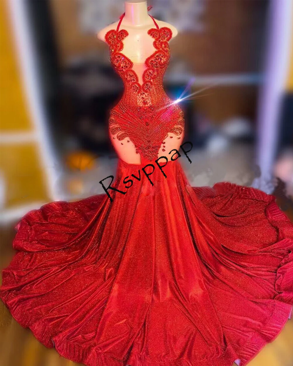 

Длинные красные Выпускные платья 2023 сексуальный прозрачный сетчатый топ ручной работы блестящие женские блестящие юбки с лямкой на шее