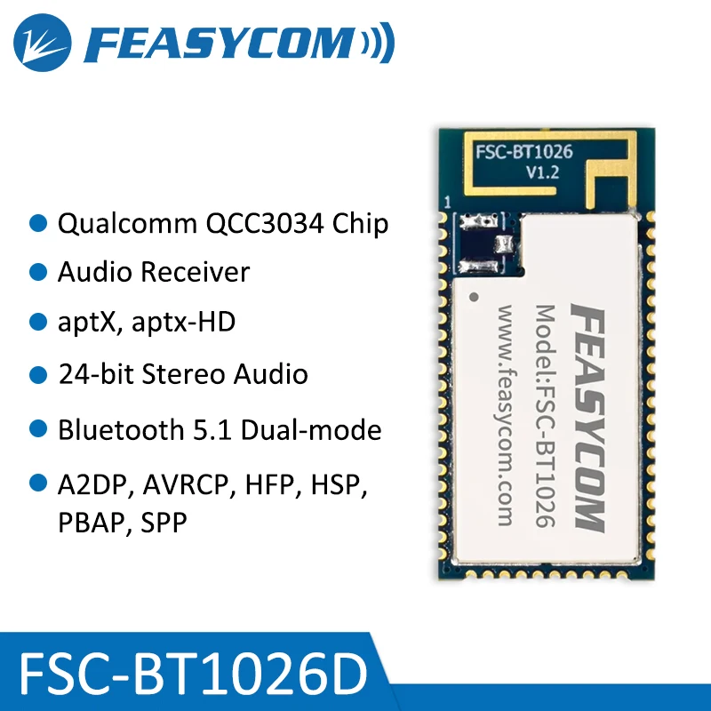 Feasycom FSC-BT1026D QCC3034 BT5.1 듀얼 모드 BR/EDR & BLE cVc SBC AAC 고성능 aptX SoC 수신기 블루투스 오디오 모듈