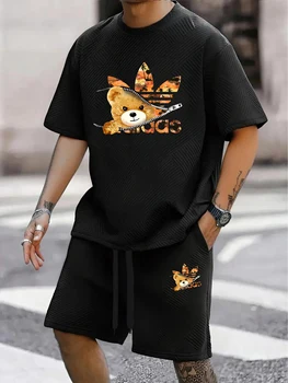 Set di pantaloncini t-shirt a maniche corte da uomo in tessuto jacquard geometrico nuovo estivo, set da 2 pezzi di marca sportiva per le vacanze alla moda 1