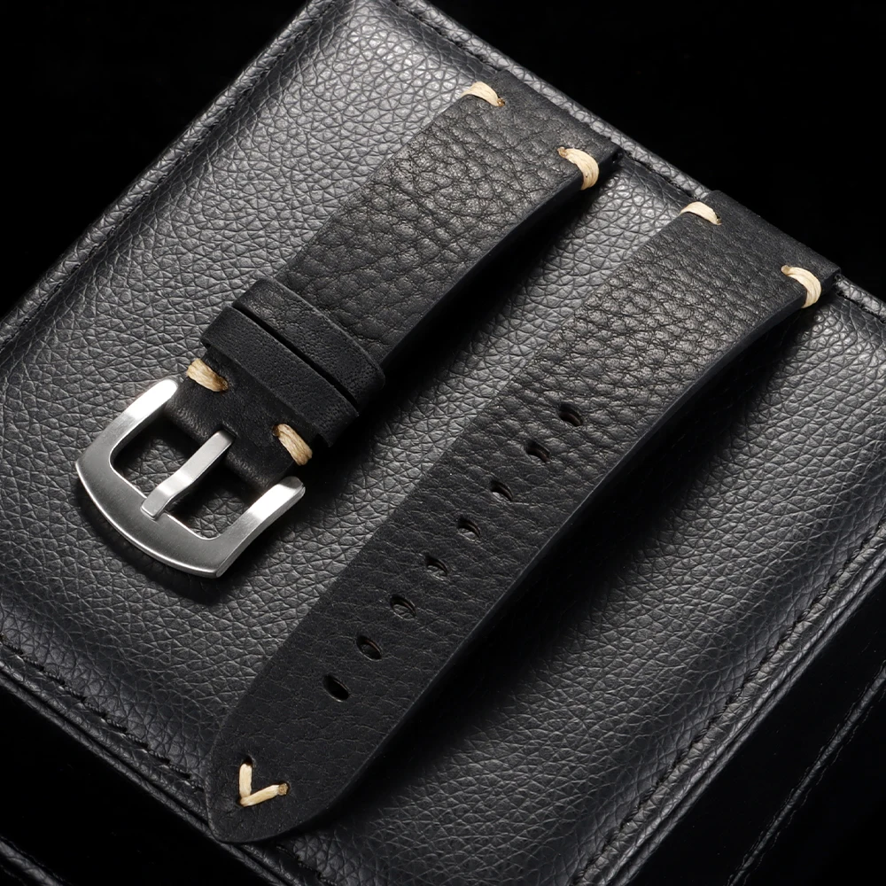 Vintage Genuine Cowhide Leather Watch Band with Metal Buckle