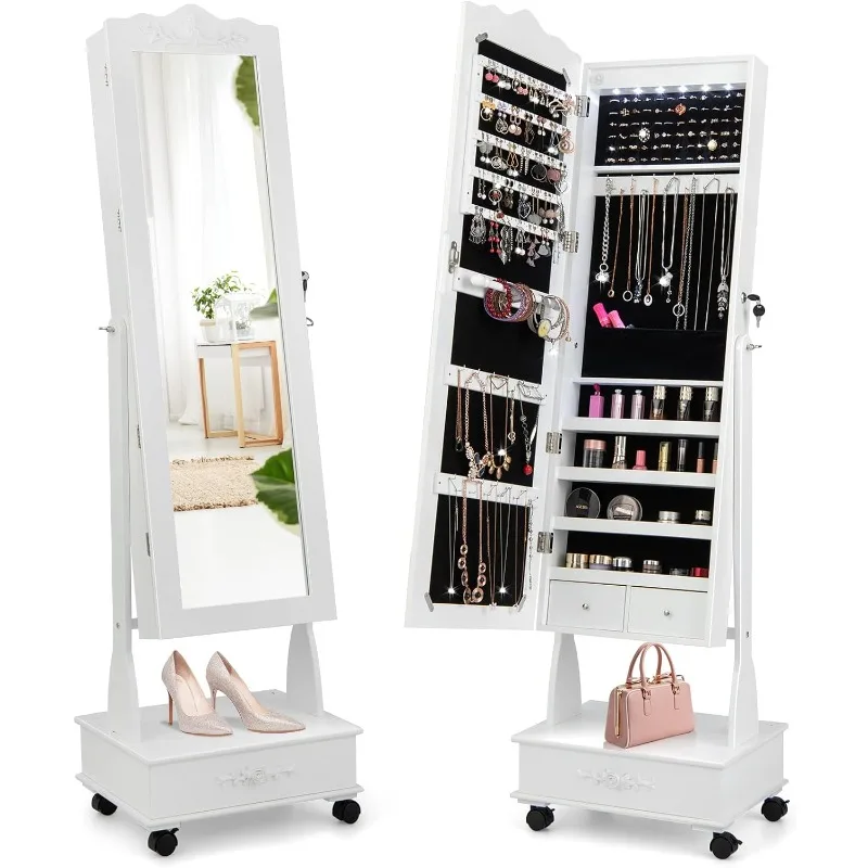 

Jewelry Cabinet with Full Length Mirror, Lockable Standing Jewelry Armoire with Wheels, 6 LEDs Rolling Jewelry Storage Organizer