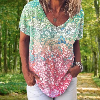 Retro Paisley Pattern T-Shirts Elegant Classic Floral Print Women's Short Sleeve Top Women V-Neck T Shirt Tee Oversized Clothing 2