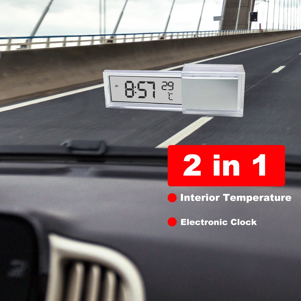 2 In 1 Car Digital Clock LCD Display Sucker Type Clock Thermometer