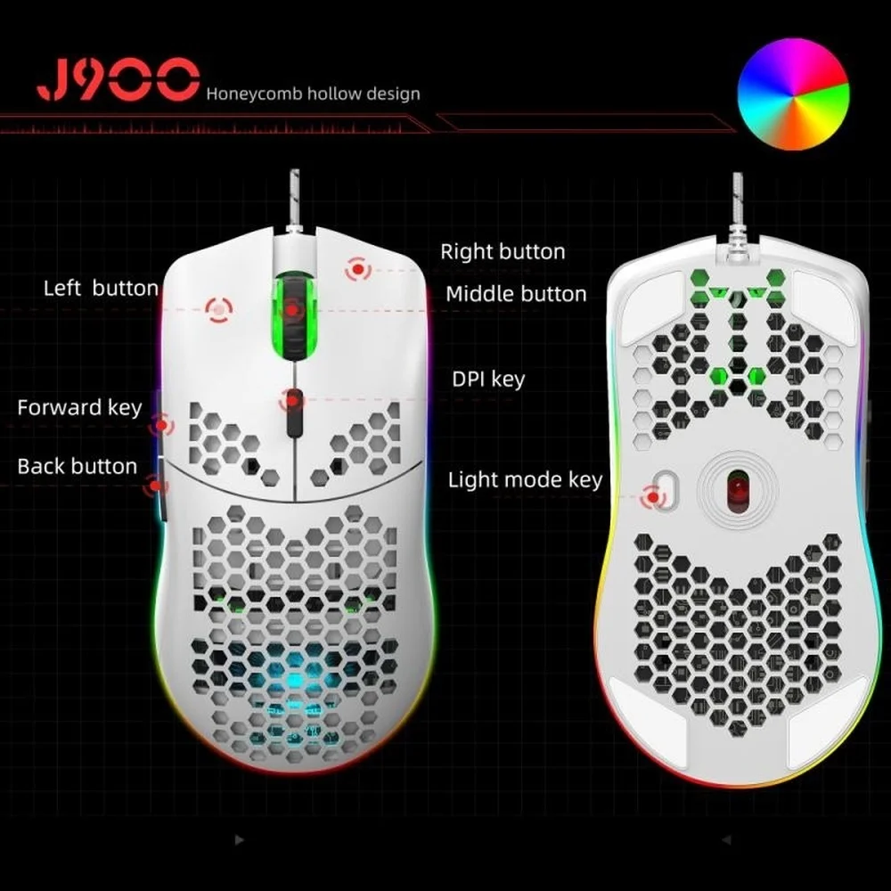 best wireless mouse HXSJ J900 USB Wired Gaming Mouse With RGB Light Gamer Mouses With Six Adjustable DPI Honeycomb Hollow Ergonomic Design Mouse best office mouse