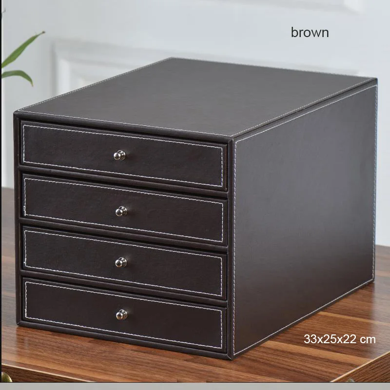 office 4-drawer wooden leather desk a4 file cabinet drawer box table organizer document stationery holder rack tray case 1091A