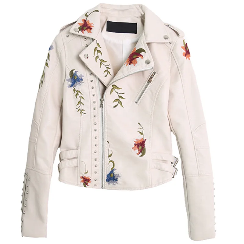 New Women Retro Floral Print Embroidery Faux Soft Leather Jacket Coat Turndown Collar Pu Biker Black Rivet Punk Outerwear A1008