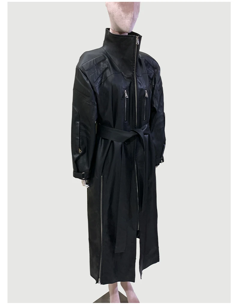 Mauroicardi Spring Autumn Extra Long Cool Black Waterproof Pu Leather Trench Coat for Women Shoulder Pads Zip Up Overcoat 2024