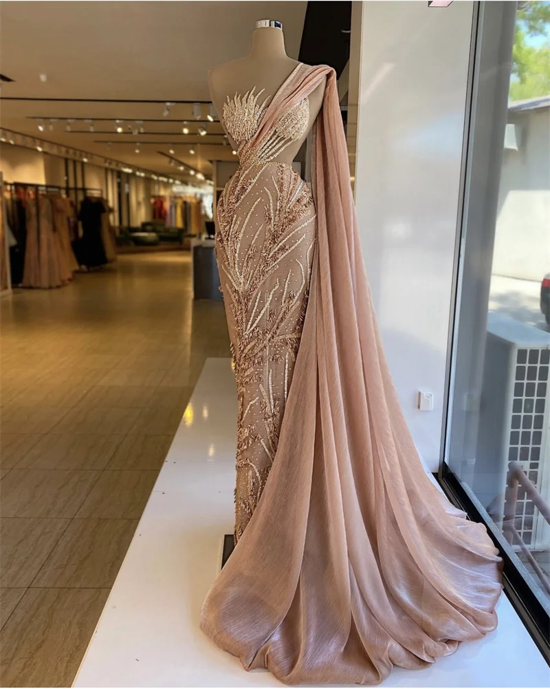 

Gorgeous Pink Mermaid Prom Dresses Off Shoulder Lace Applique Sleeveless Evening Dress Custom Made Floor Length Beads Party Gown