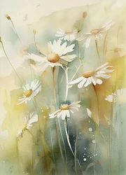 Wildflower Meadow Watercolor Canvas Art - Daisy, Thistle, Forget - Me - Not & Daffodil Wall Decor - 40x60cm No Frame (PURPLE)