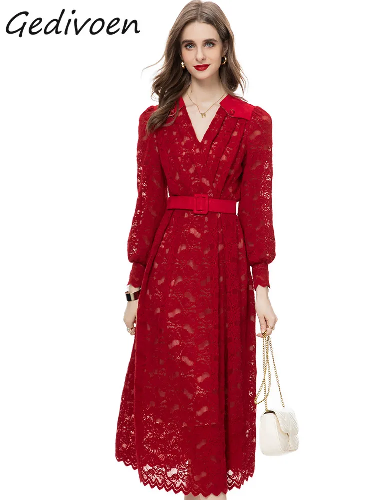 

Gedivoen Autumn Fashion Designer Red Vintage Lace Dress Women's V Neck Long Sleeve Sashes Gathered Waist Slim Pleated Long Dress