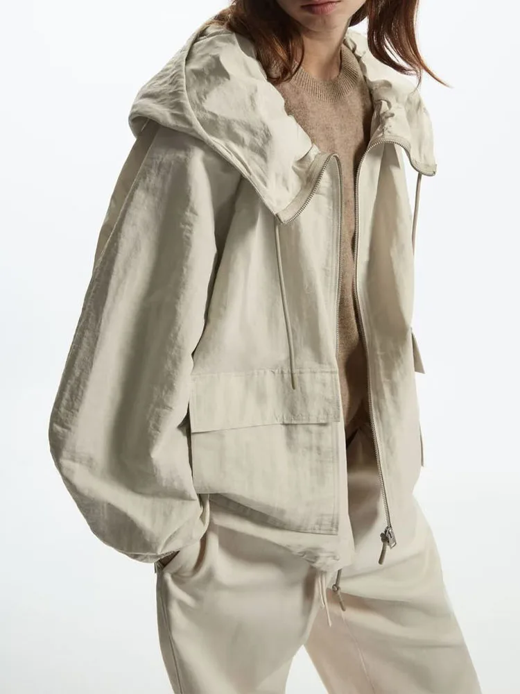 

Women 2023 New Fashion With pockets Drawstring Hooded Jacket Coat Vintage Long Sleeve zipper Female Outerwear Chic Overshirt