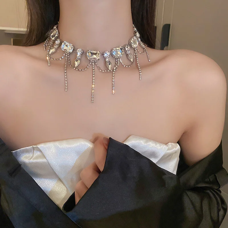 FYUAN 여성용 기하학적 사각형 크리스탈 초커 목걸이, 긴 술 쇄골 체인 목걸이, 진술 보석 선물