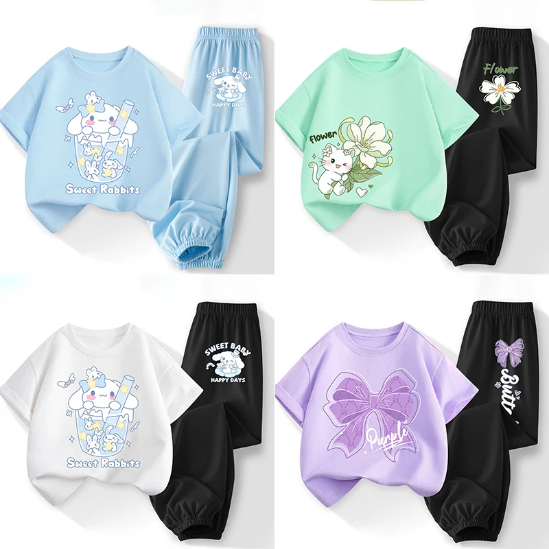 

Kawaii Sanrioed Anime new children's short sleeved pants Cute cartoon HelloKittyed Cinnamoroll Summer slim two-piece set