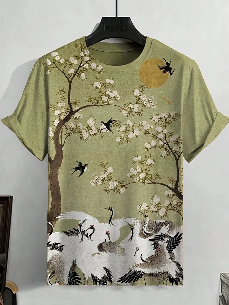 Mens Summer Casual Ukiyo-e Print Short Sleeve T Shirt