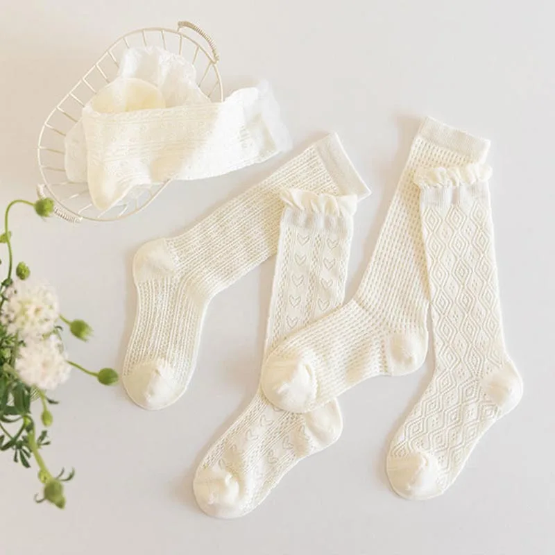 3Pairs Princess White Lace Ruffle Stockings Girl Summer Mesh Sock Thin Breathable Kids Long Socks 3-12Year Children Calf Socks