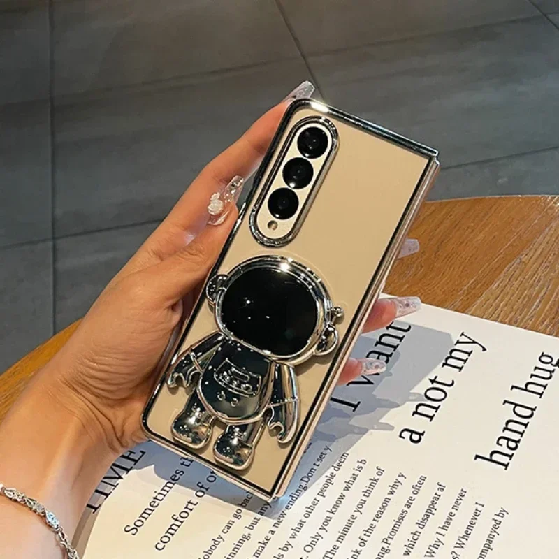 Coque de téléphone transparente électroplaquée astronaute pour Samsung Galaxy Z Fold 6 5 4 3 Fold6 Fold5 Fold4 Fold3 Coque transparente avec béquille_voghion.com